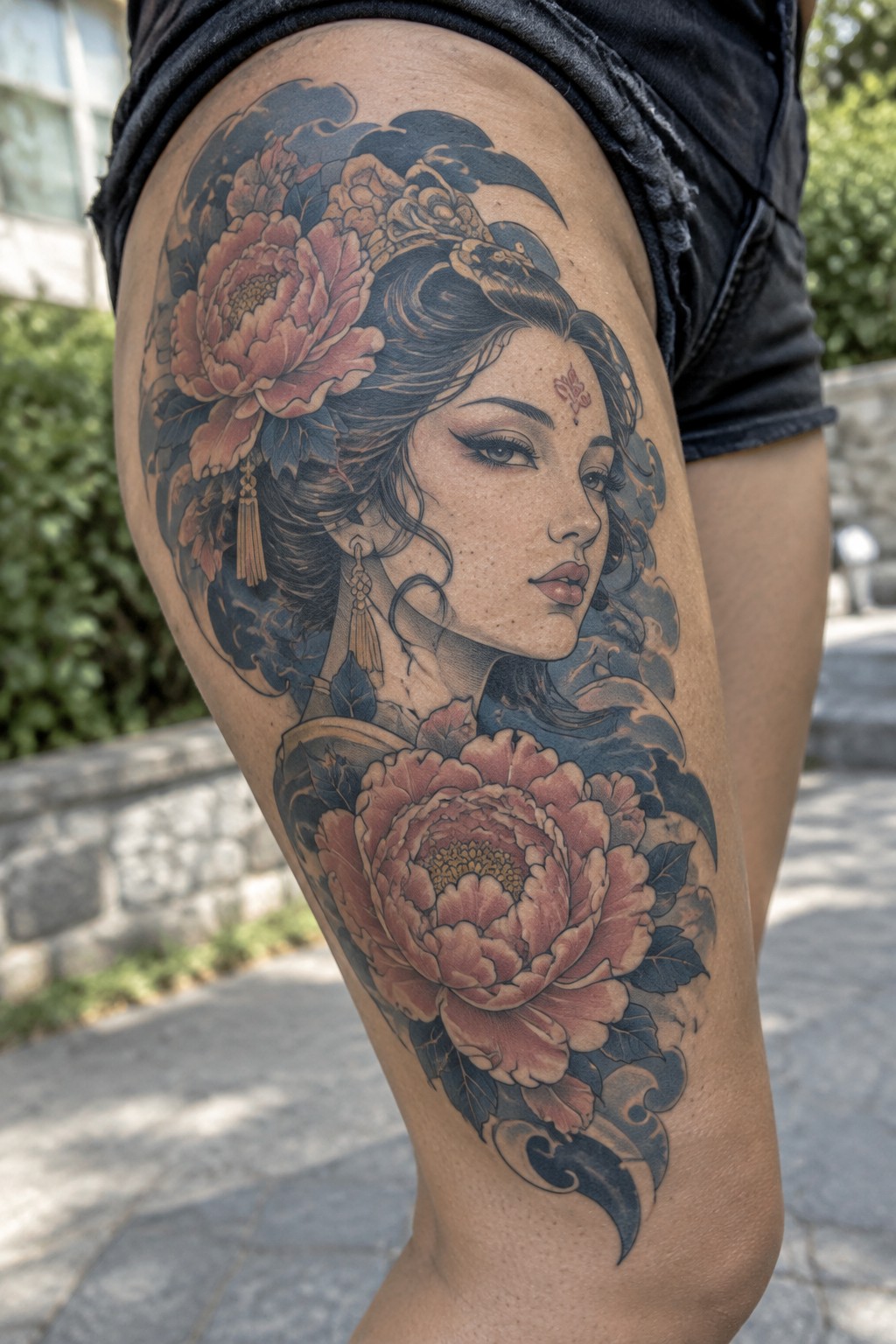 Thigh tattoo of woman with pink peonies, blue clouds, and ornate hair.