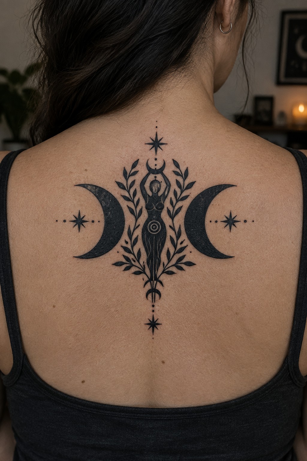 Black ink tattoo on a woman's upper back featuring a central goddess figure with raised arms, flanked by crescent moons, stars, and leafy branches in a symmetrical layout.