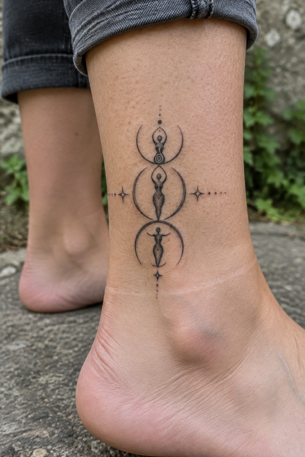 Ankle tattoo of three women in moons with stars, gray jeans cuff above bare foot.