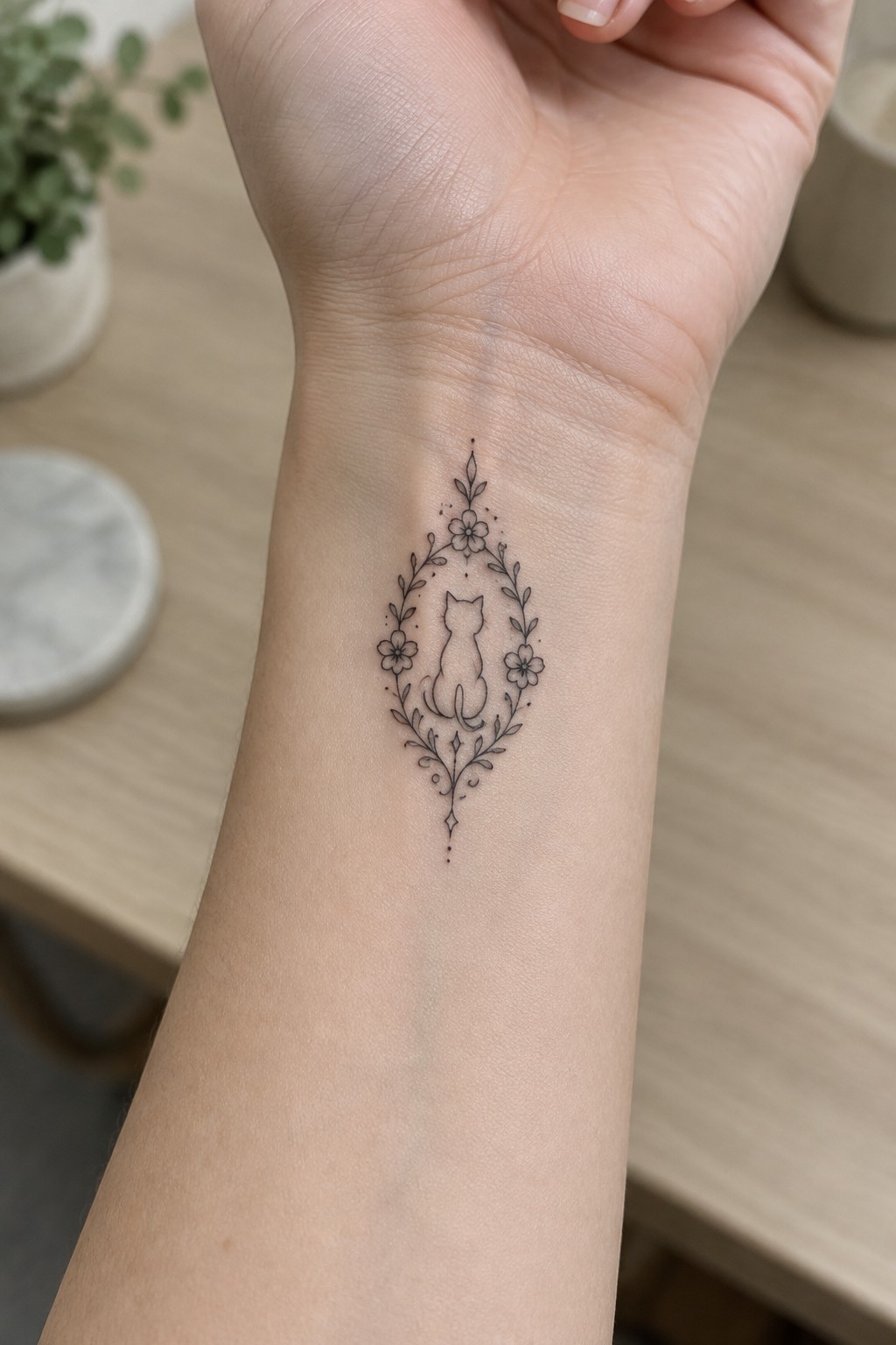 Delicate black cat tattoo with floral diamond frame on inner wrist