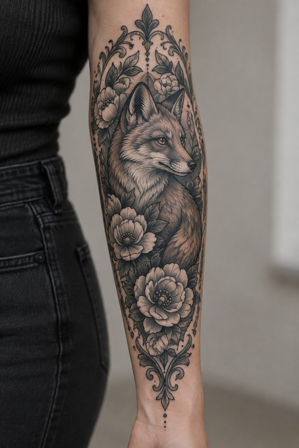Intricate black-and-gray fox tattoo with flowers and ornate scrollwork on forearm