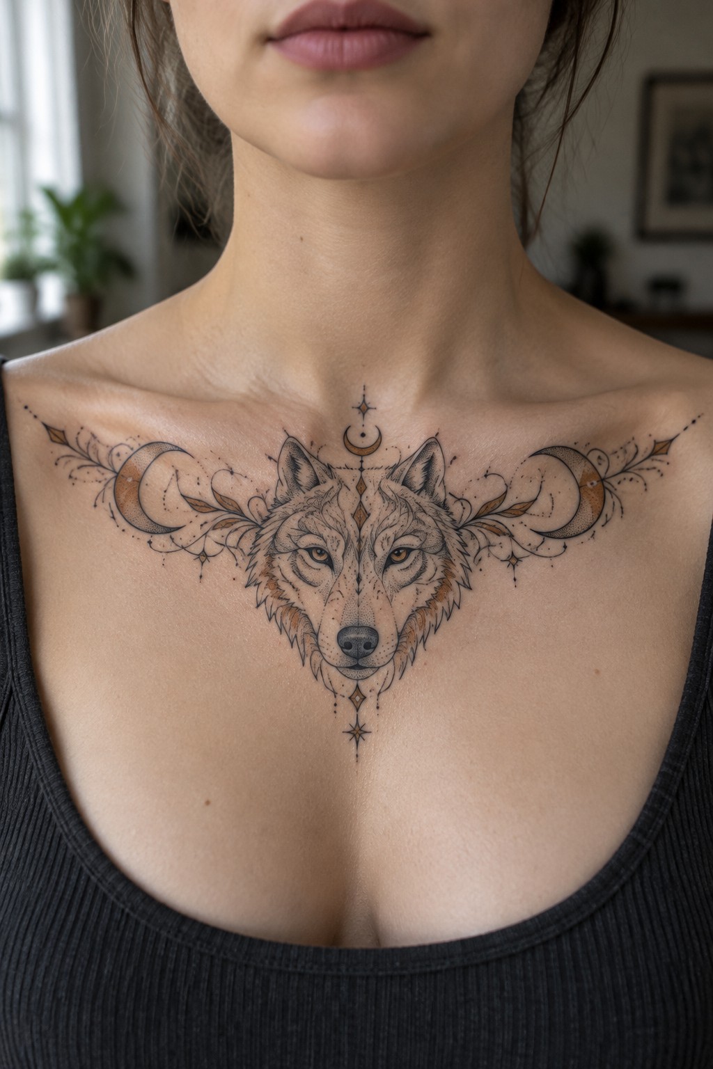 Symmetrical wolf head tattoo on a woman's upper chest with crescent moons and fine line details.
