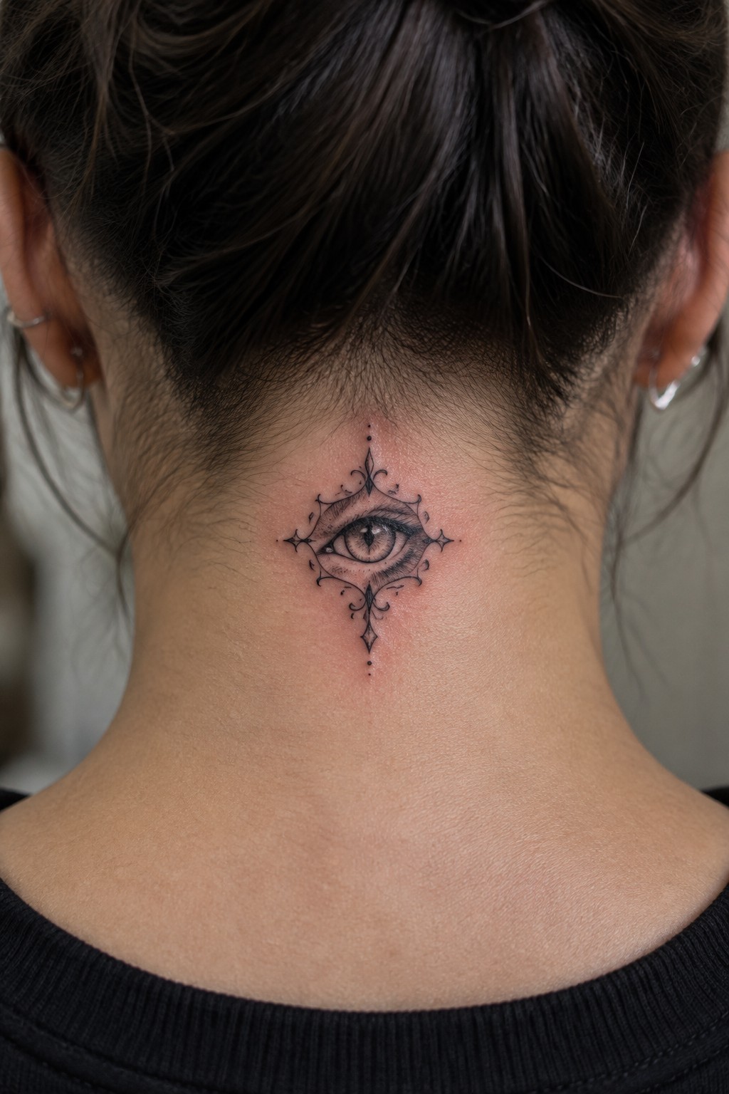 Ornate eye tattoo with decorative flourishes on nape of neck below dark hair