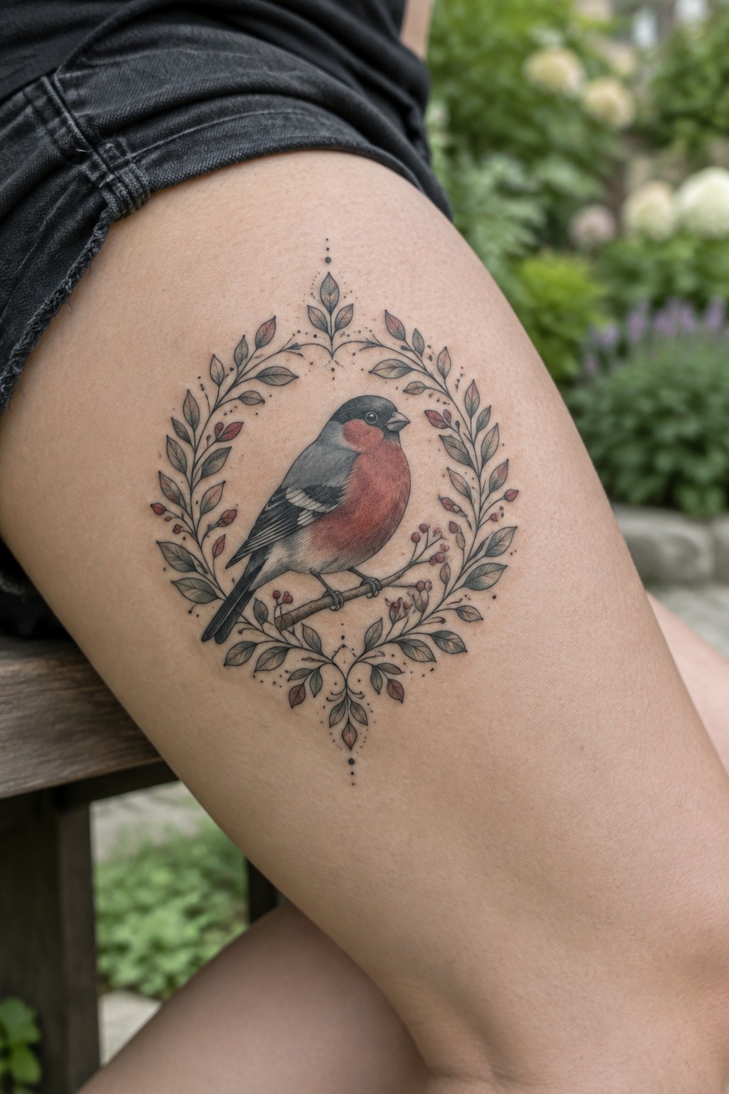 A bullfinch bird with red chest inside a symmetrical leafy frame tattooed on the thigh.