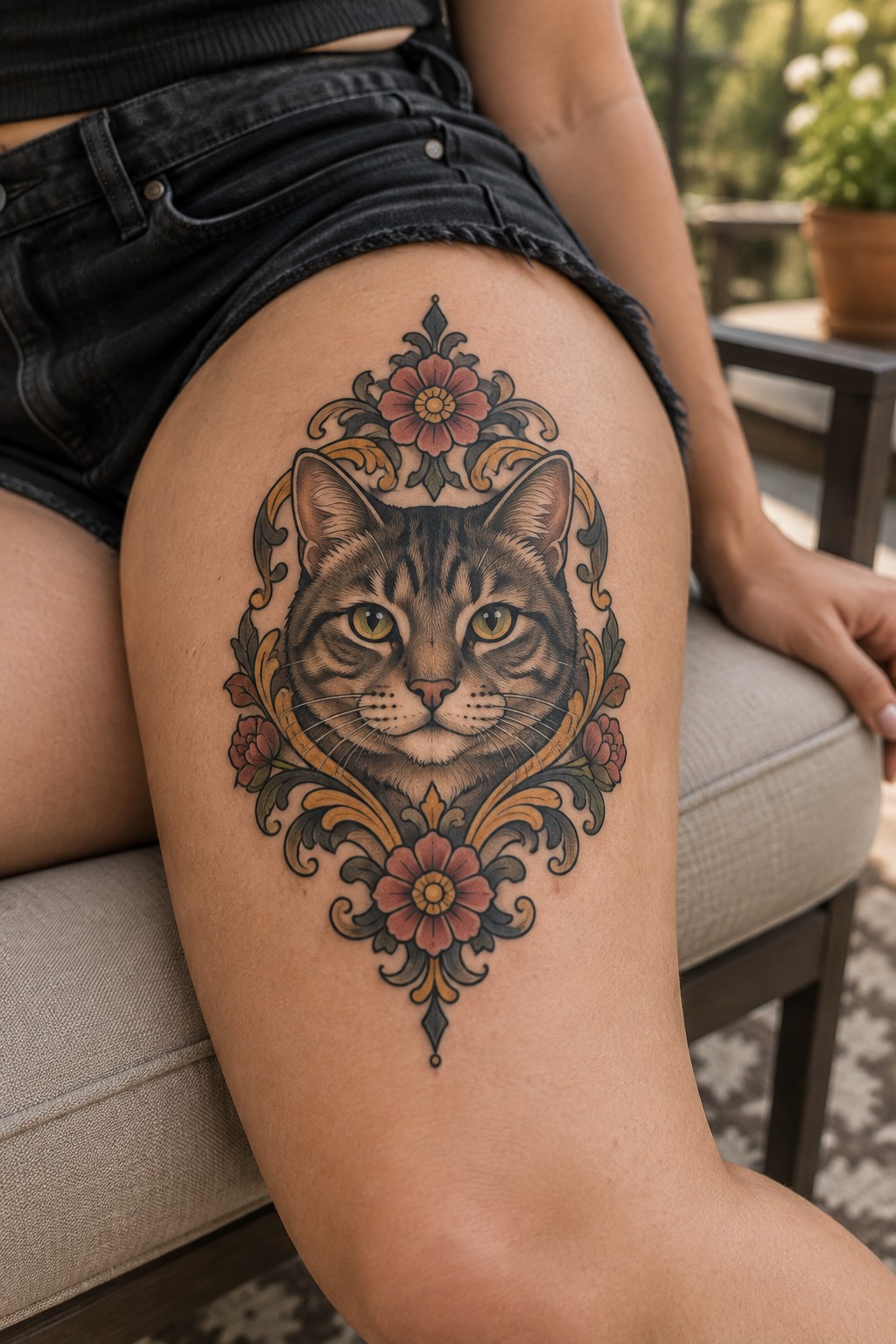 Symmetrical ornamental tattoo of a cat face with flowers and decorative scrolls on the upper thigh.