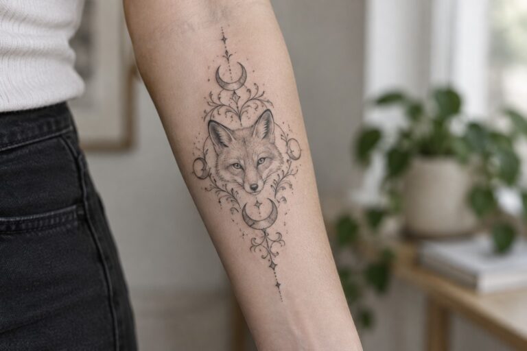 20 Elegant Ornamental Animal Tattoos for Women Using Symmetrical Decorative Framing Intricate fox tattoo on forearm with crescent moons, stars, and floral designs.