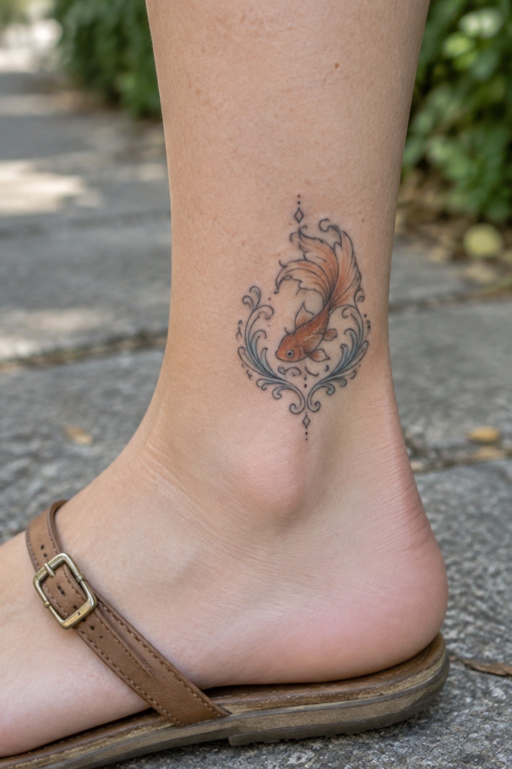 Orange fish tattoo with ornate swirls on ankle above brown sandal