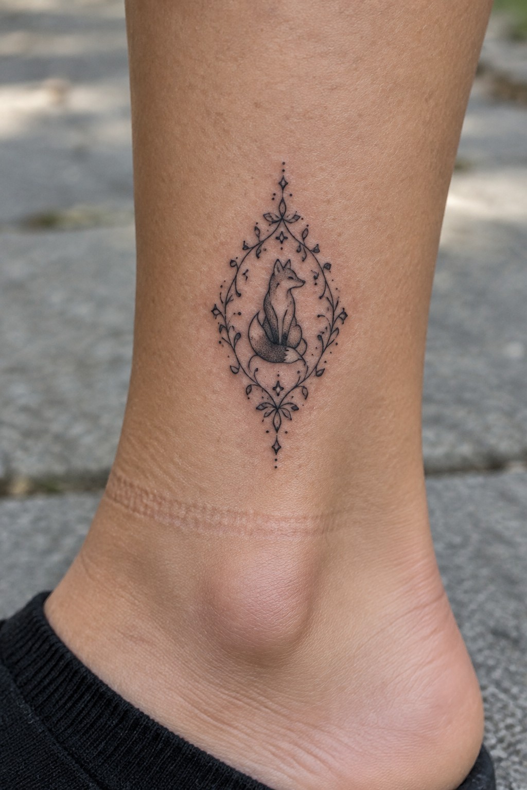 Ornate black fox tattoo in floral diamond frame on ankle with scar below.