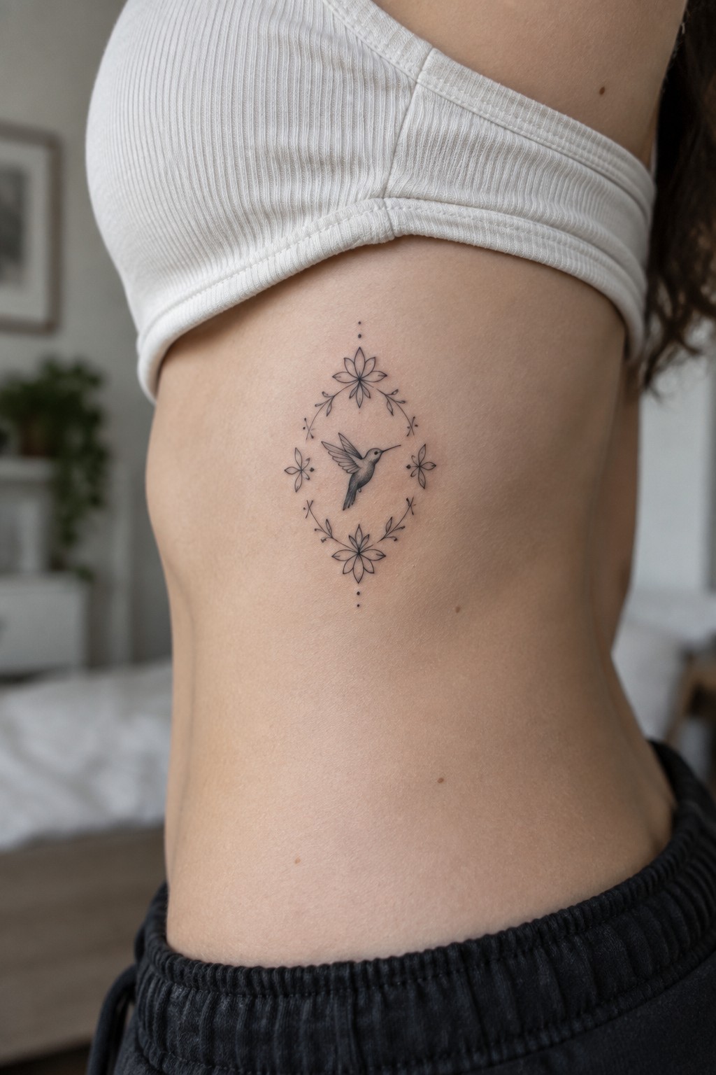 Hummingbird and floral tattoo on ribs below white crop top