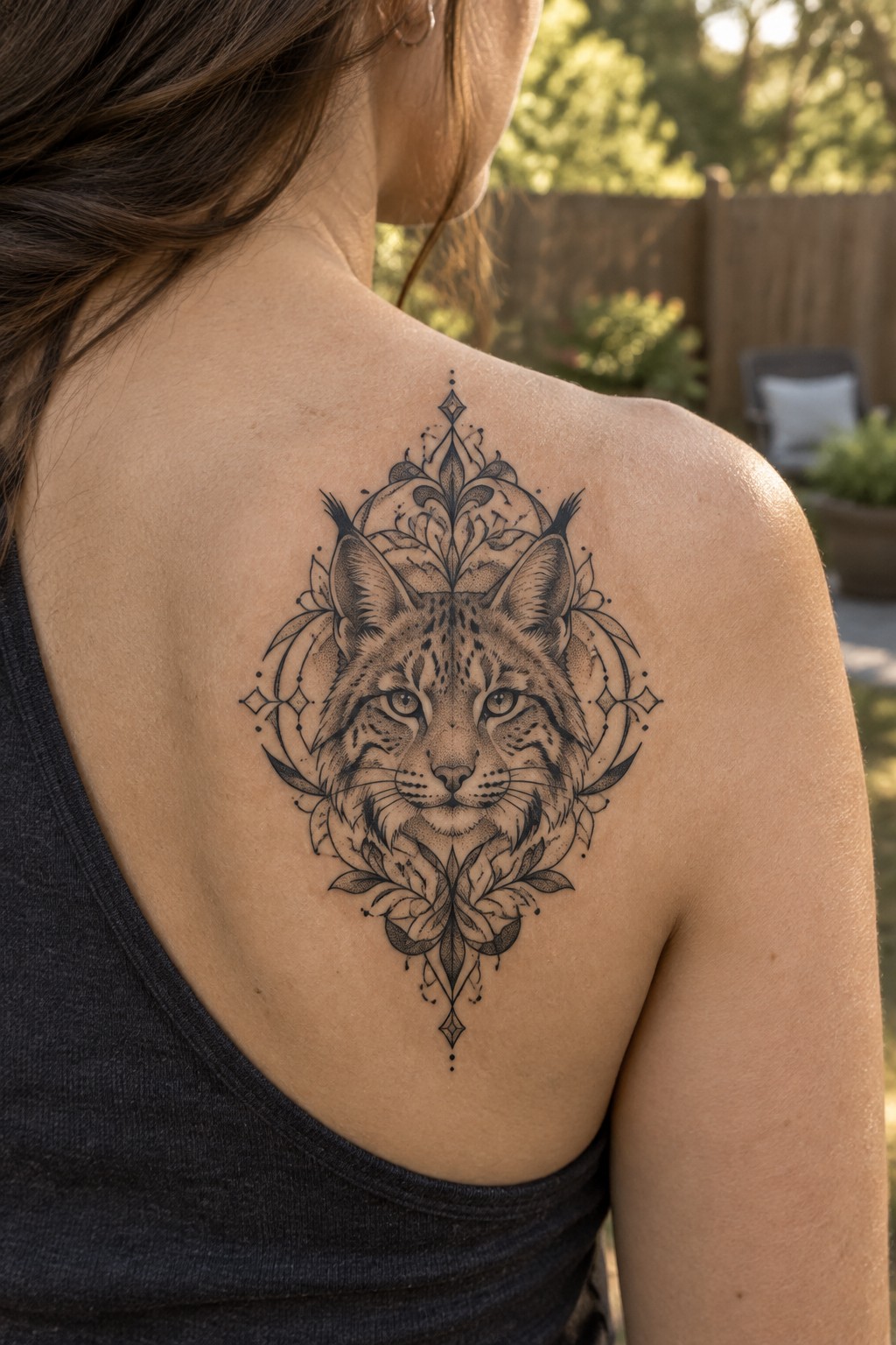 Symmetrical lynx head tattoo with floral ornamental framing on a woman's upper back