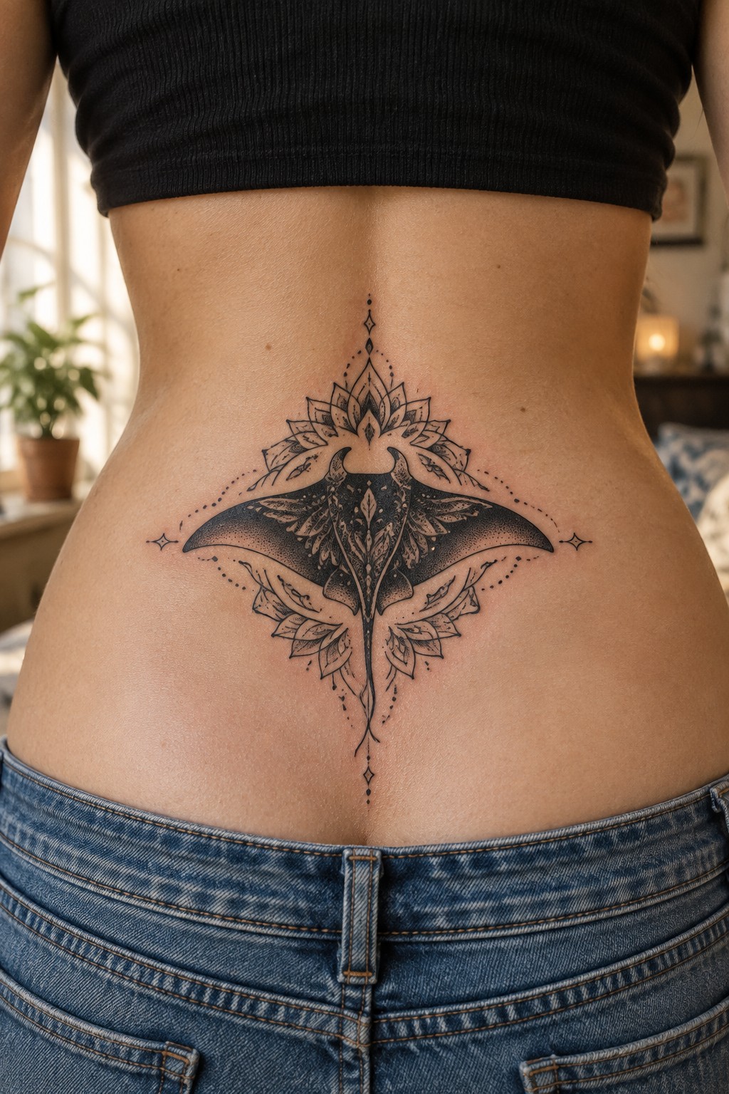 Ornate black manta ray and lotus tattoo on lower back above jeans