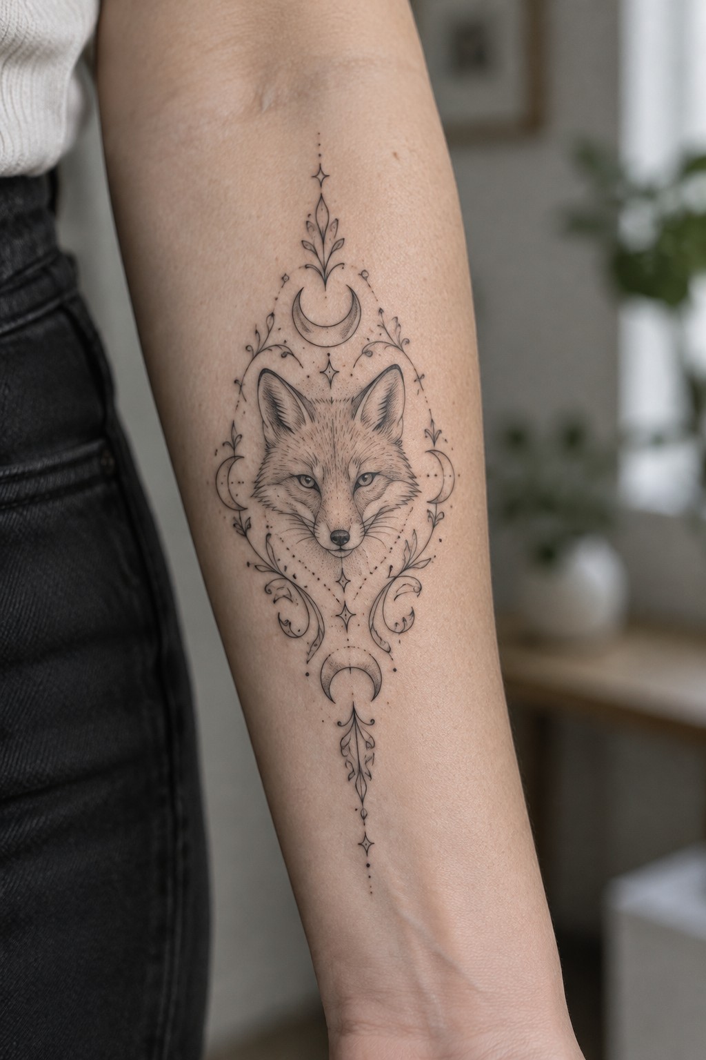 Intricate fox tattoo on forearm with crescent moons, stars, and floral designs.