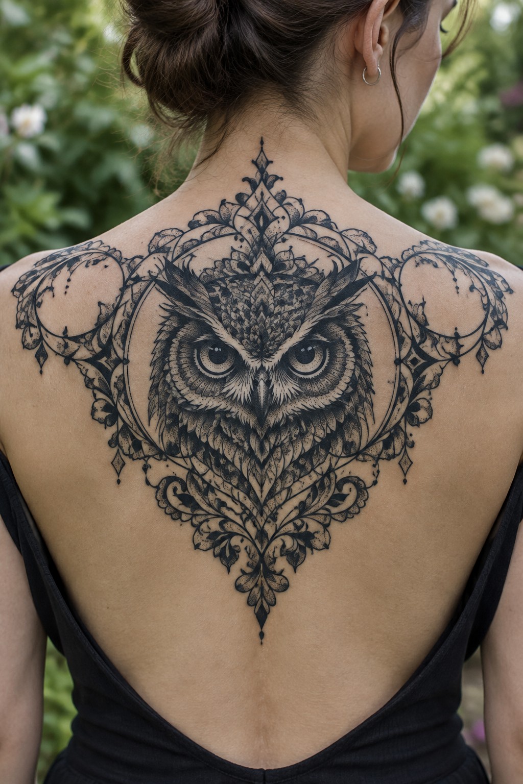 Woman's upper back with large intricate black owl tattoo in ornate design