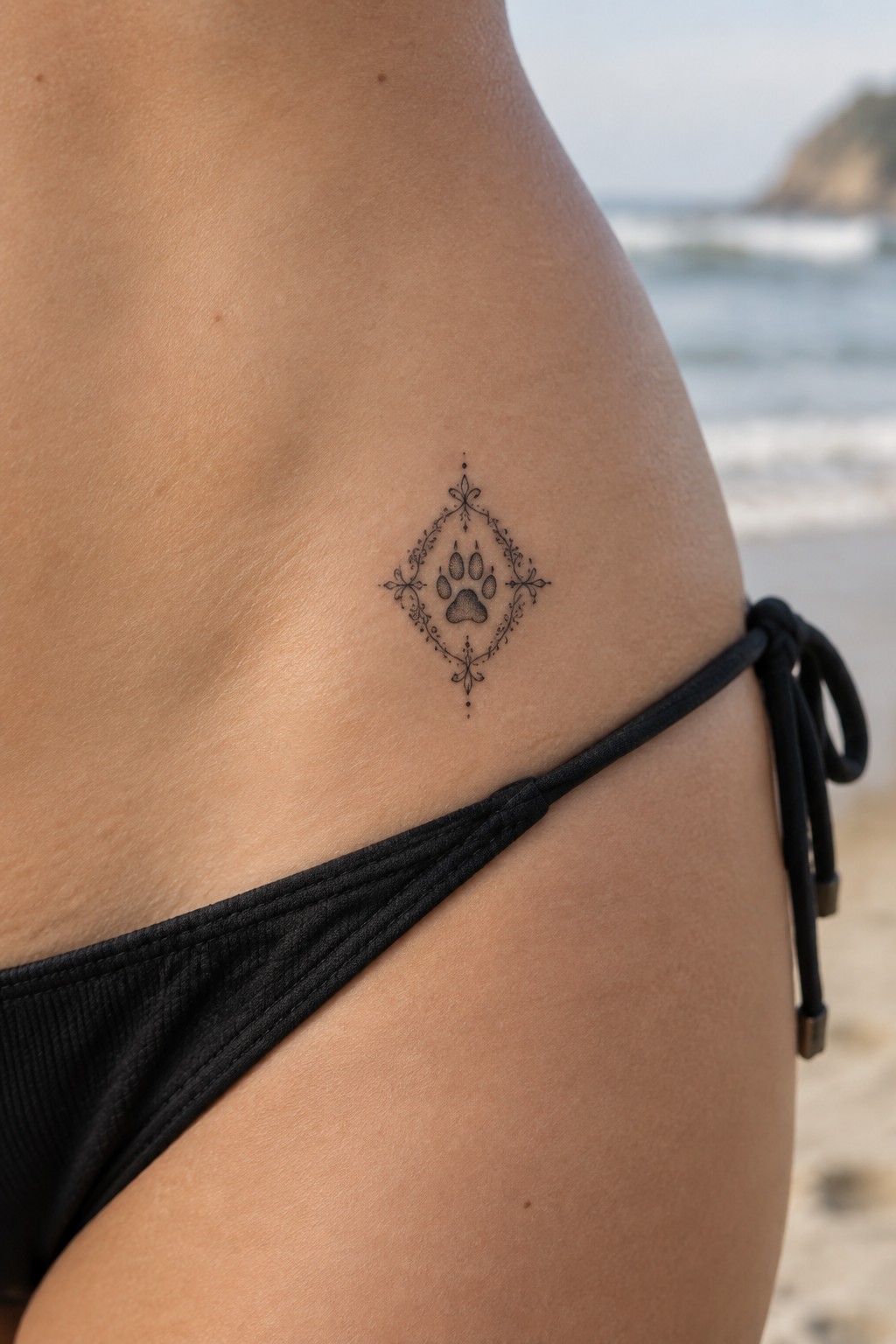 Ornate paw print tattoo in diamond frame on hip above black bikini by ocean
