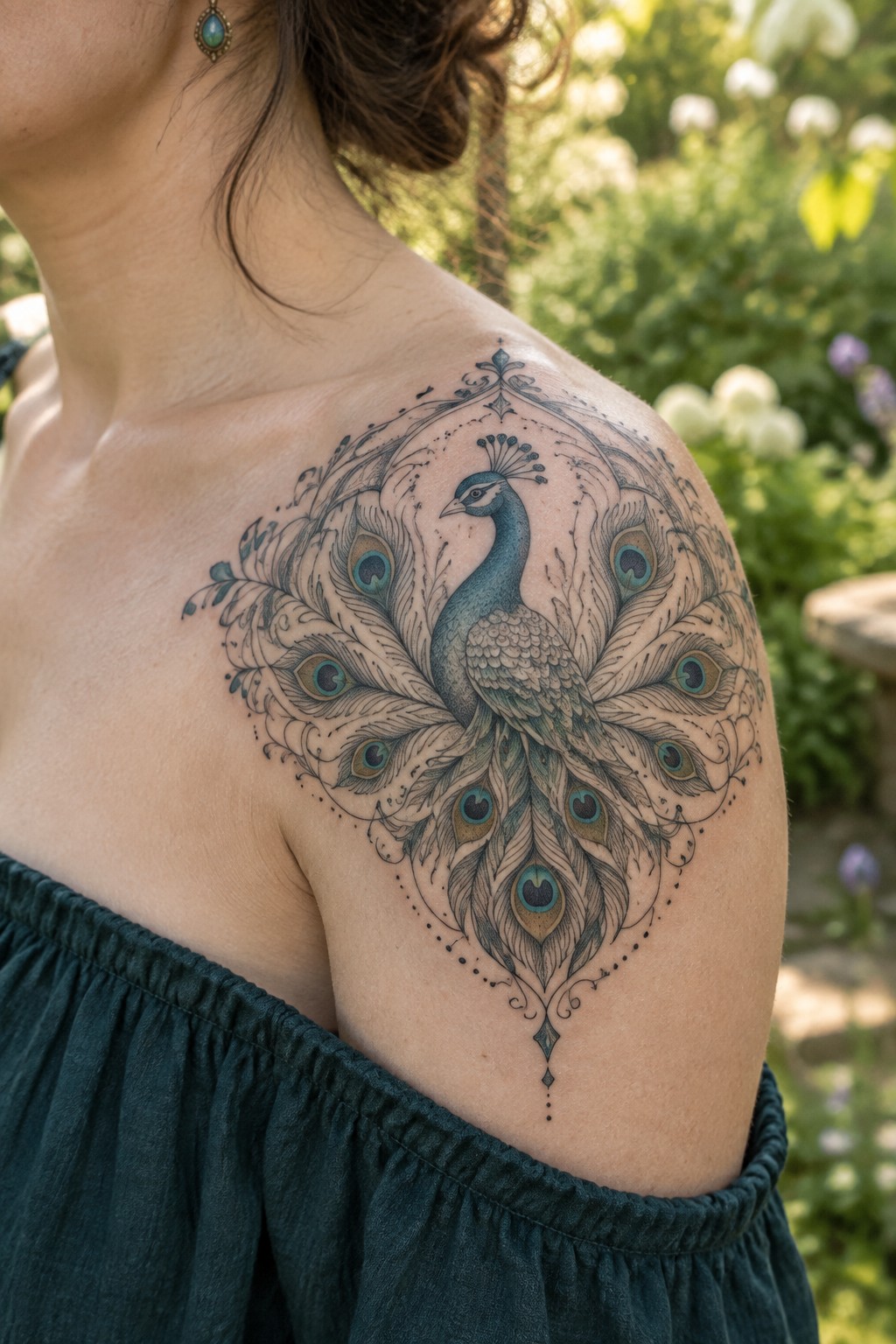 Large ornate peacock tattoo on woman's shoulder in garden setting