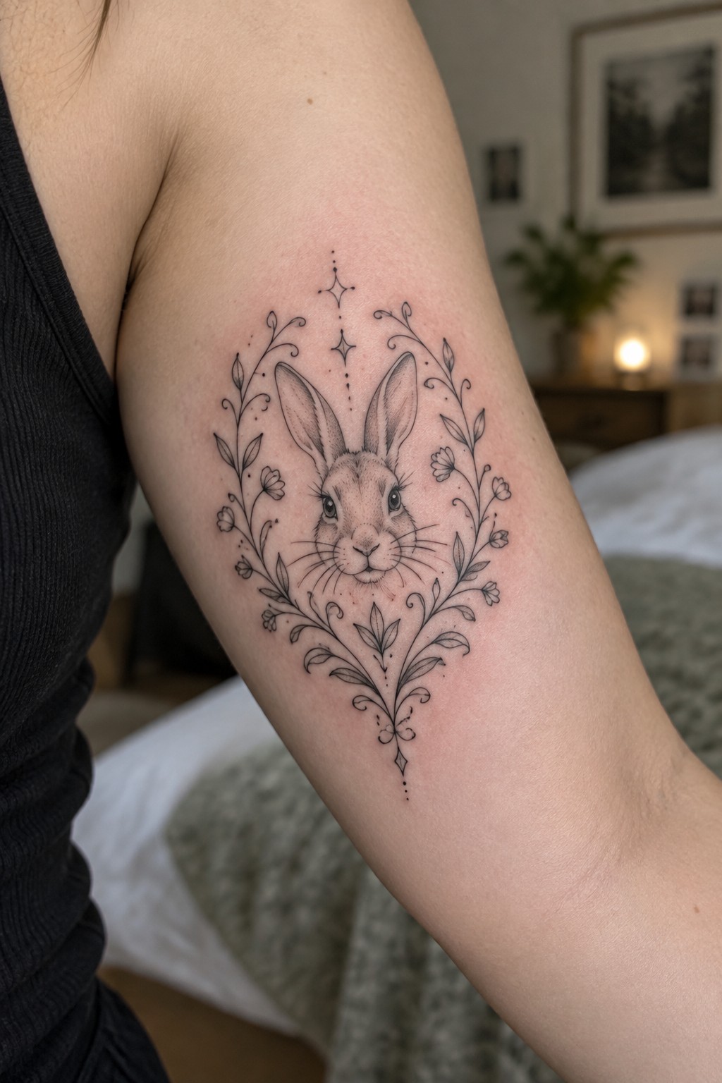 Black ink rabbit tattoo with floral vines and stars on upper arm.