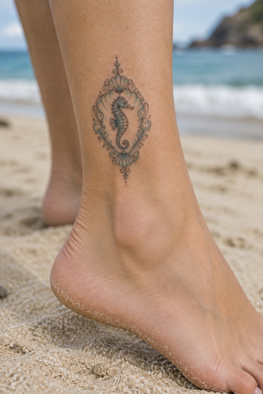 Ornamental seahorse tattoo with symmetrical shell frame on a woman's ankle at the beach