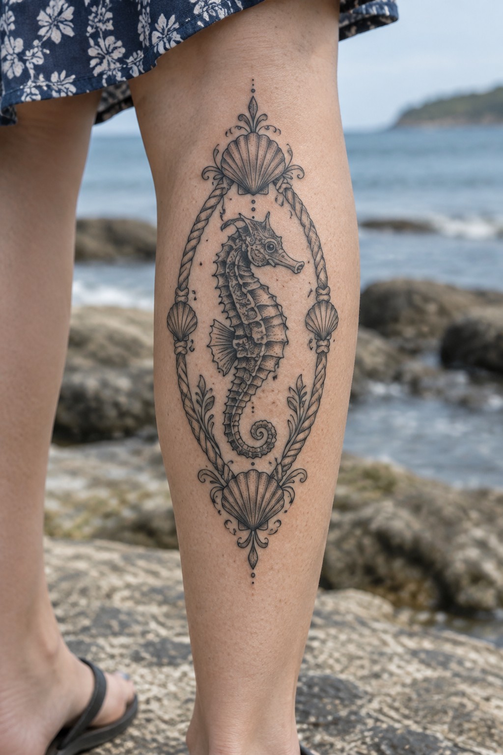 Ornate seahorse tattoo on leg with shells and ropes by ocean rocks