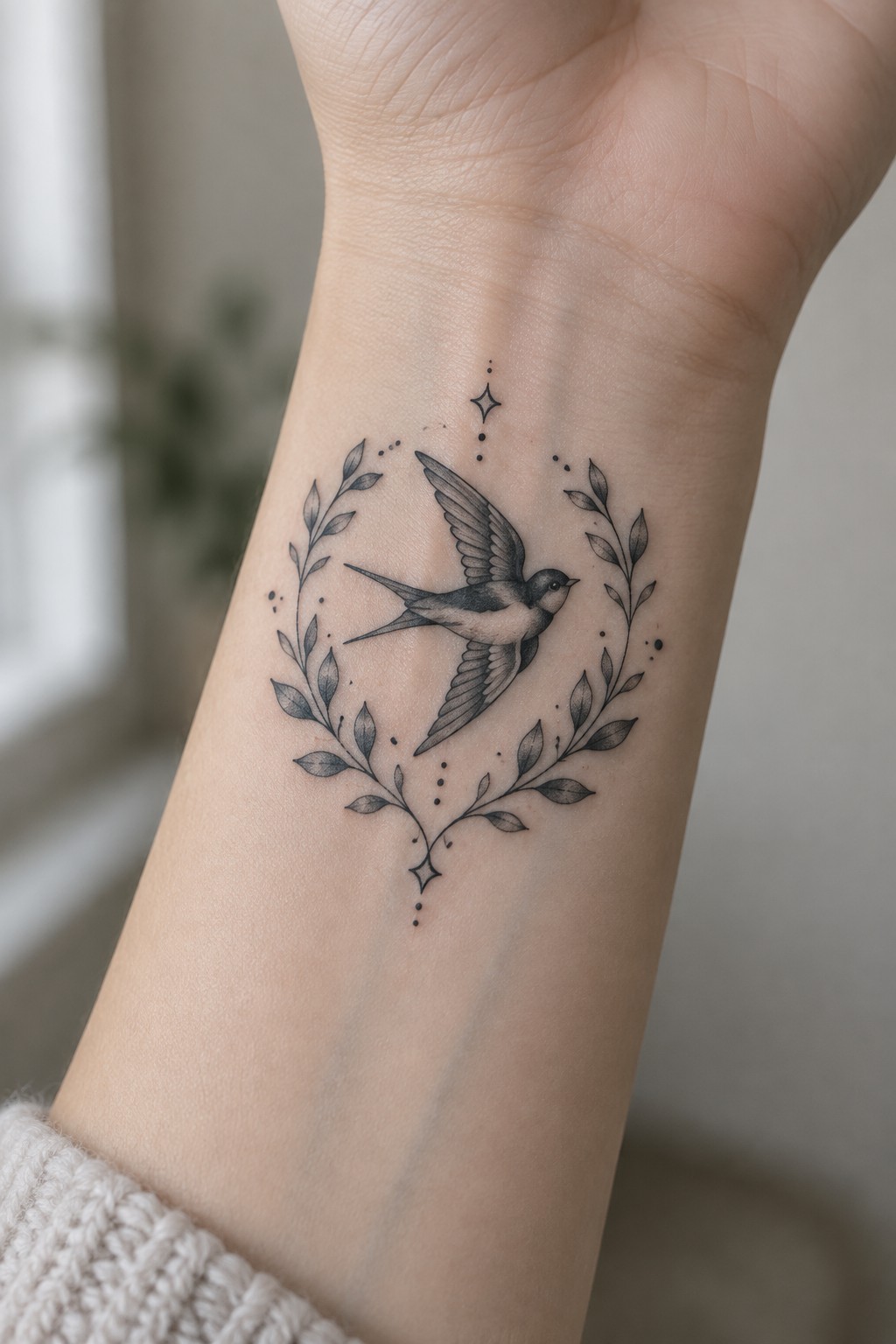 Swallow tattoo with leafy wreath, stars, and dots on wrist above sweater cuff.