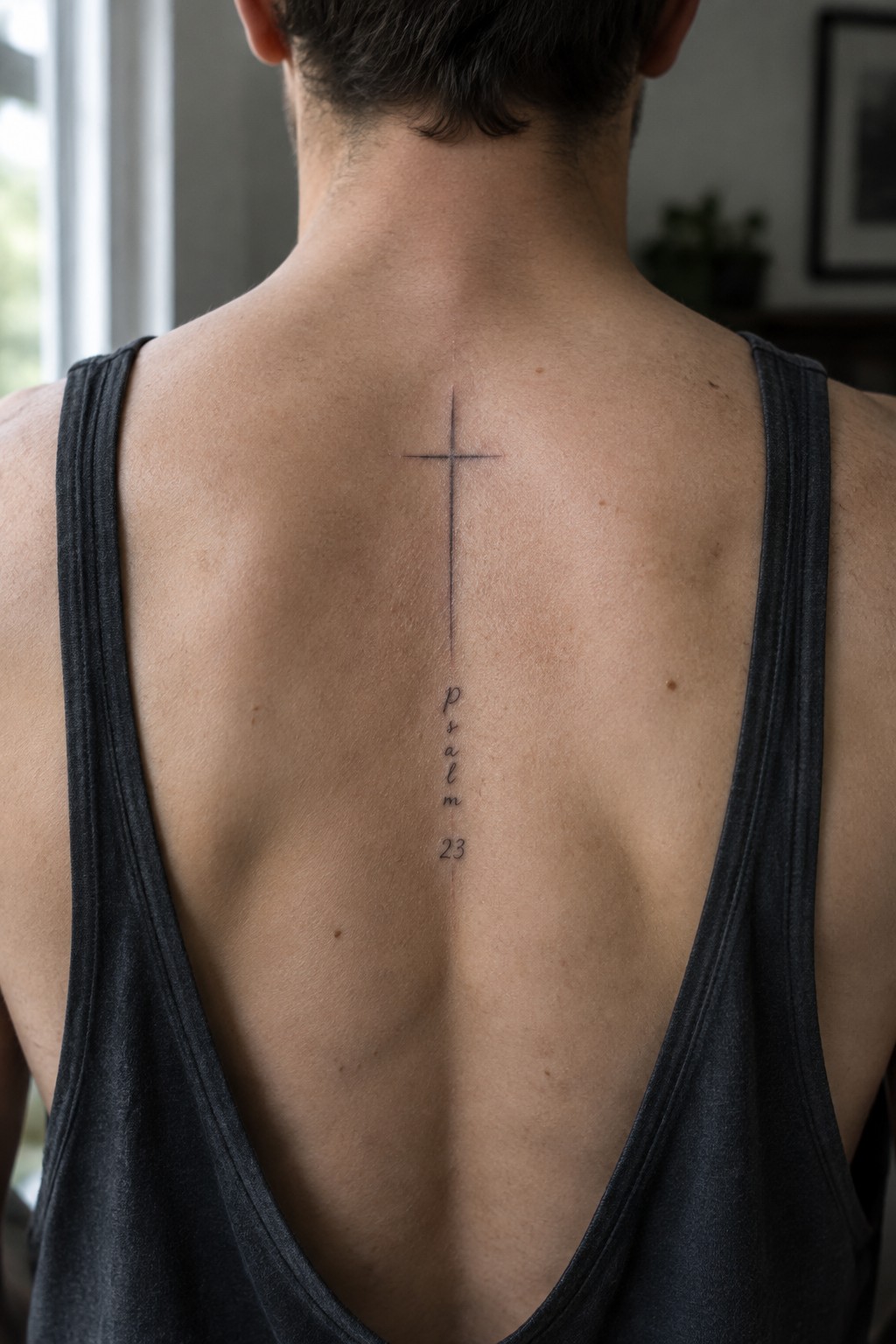 Man's back with cross and Psalm 23 tattoo above gray tank top