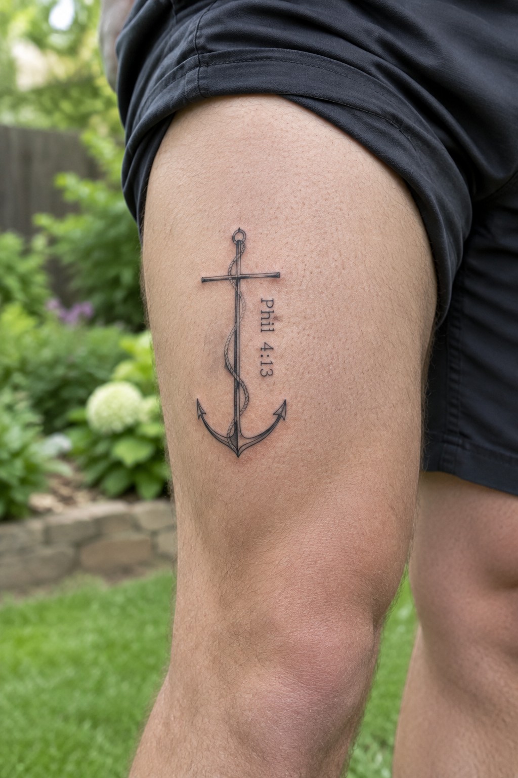 Fine line anchor tattoo with Phil 4:13 scripture on a man's thigh