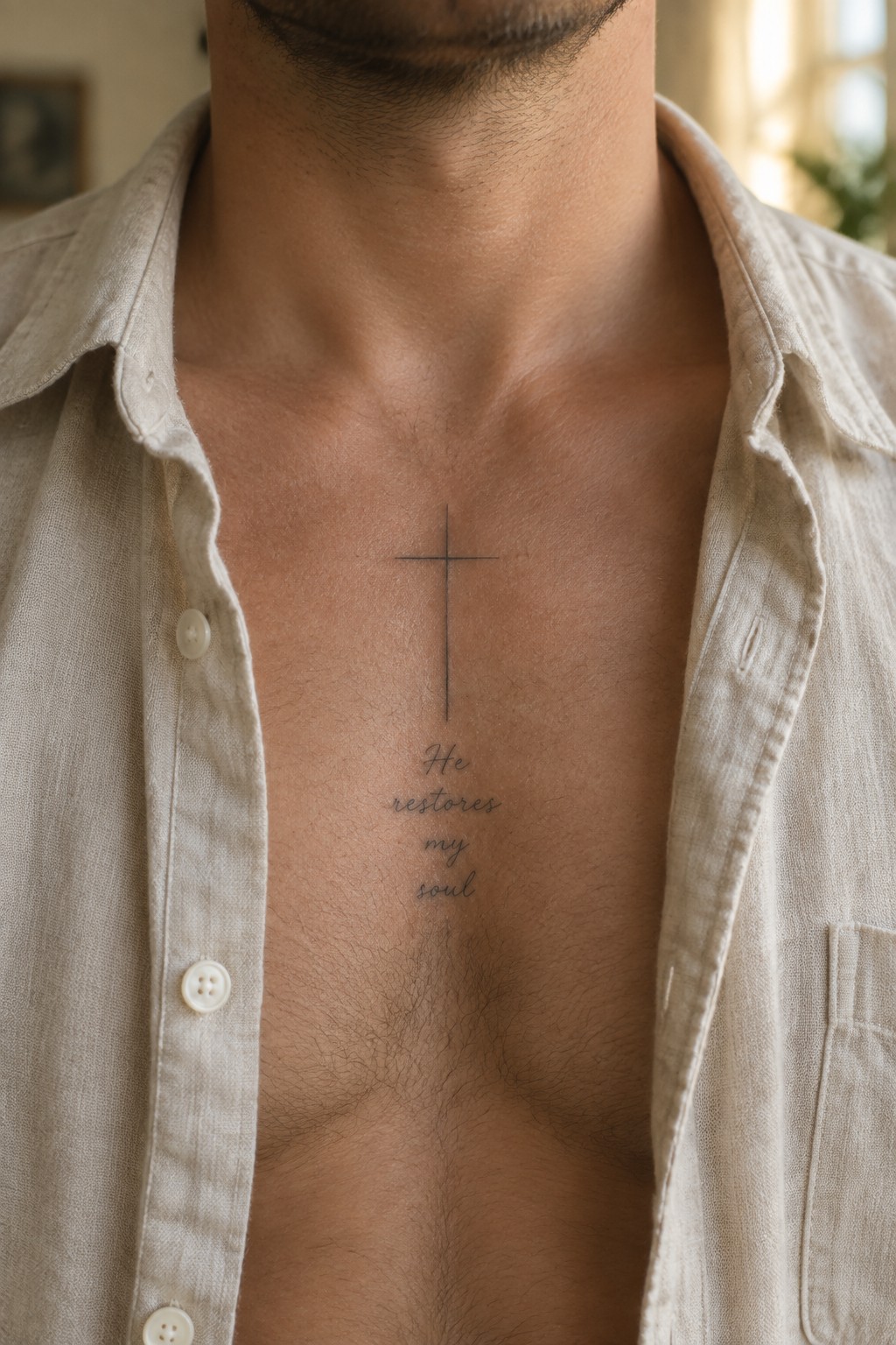 Man's chest with cross tattoo and