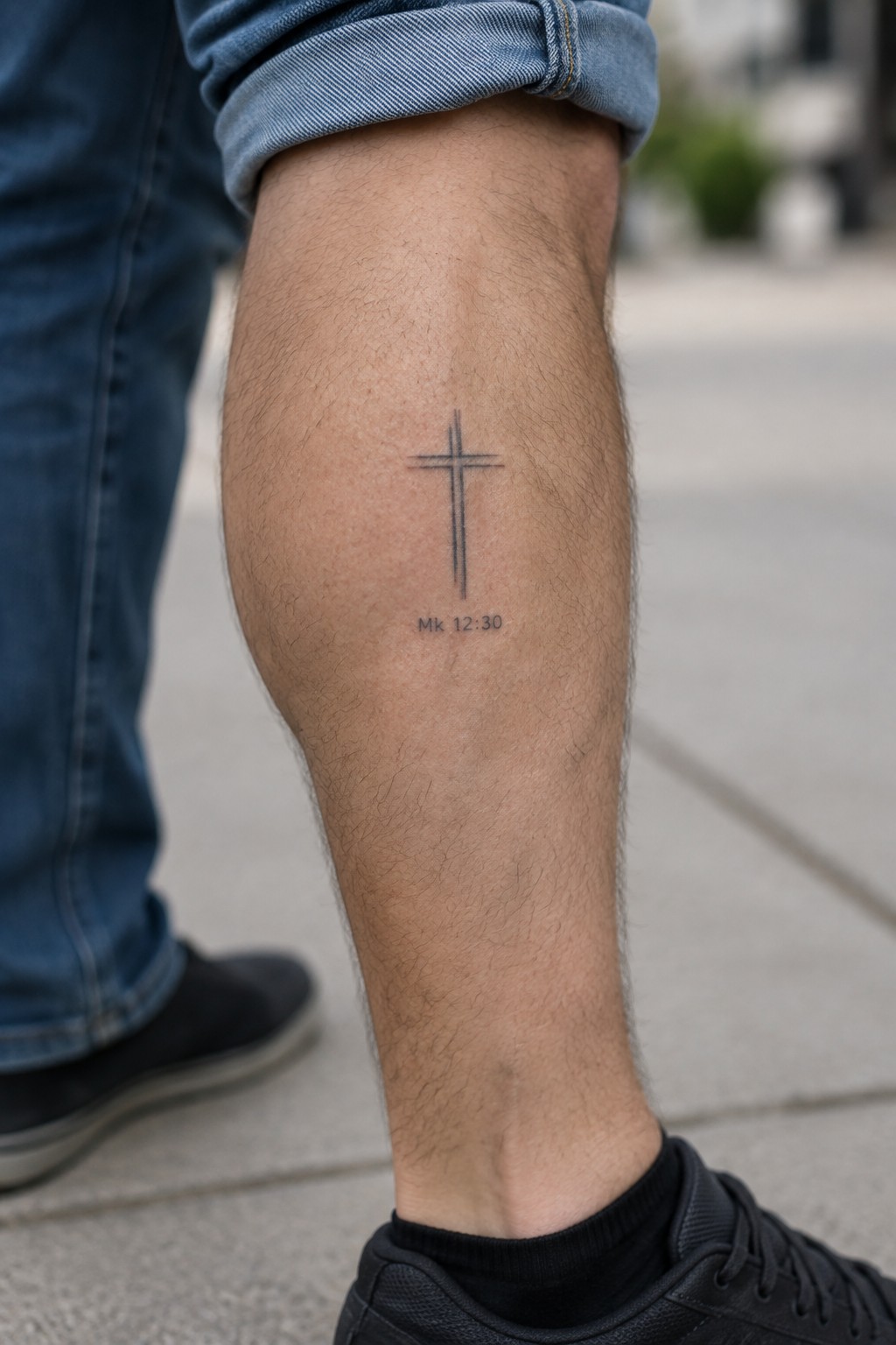 Fine line cross tattoo with Mk 12:30 text on a man's calf above a black sock and shoe.