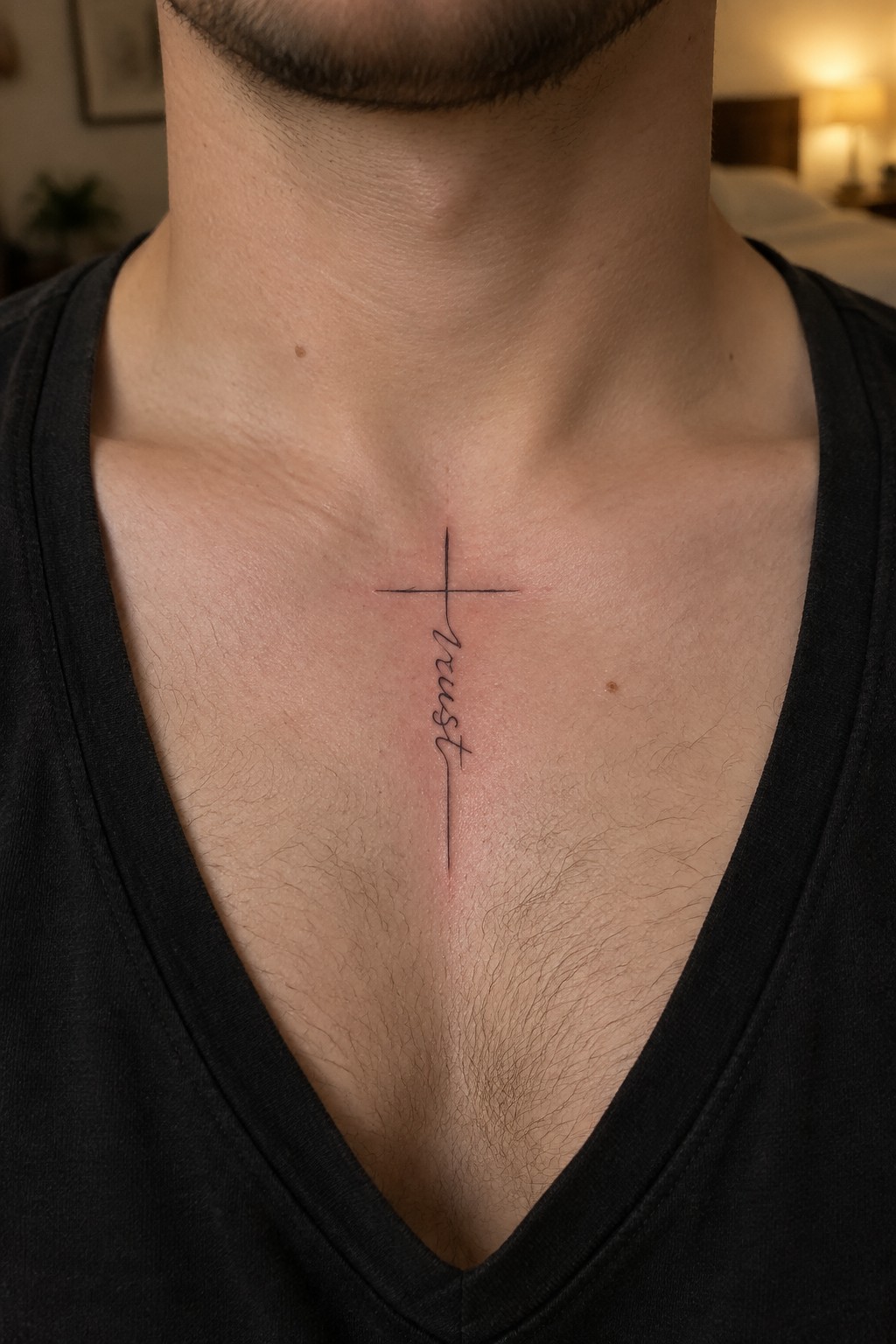 Man's chest in black V-neck with cross and cursive