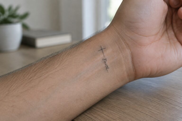 22 Minimal Christian Tattoos for Men Featuring Fine-Line Crosses and Scripture Small fine line cross tattoo with faith in cursive script on the inner wrist