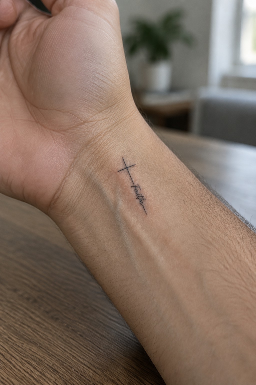 Small fine line cross tattoo with faith in cursive script on the inner wrist