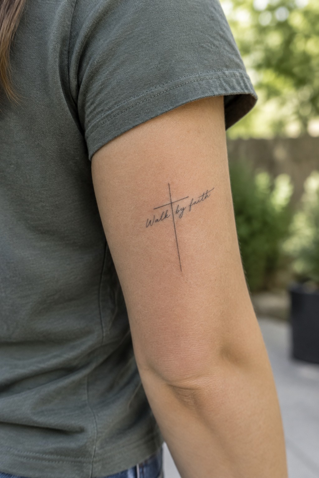 Gray t-shirt on arm with thin cross tattoo reading