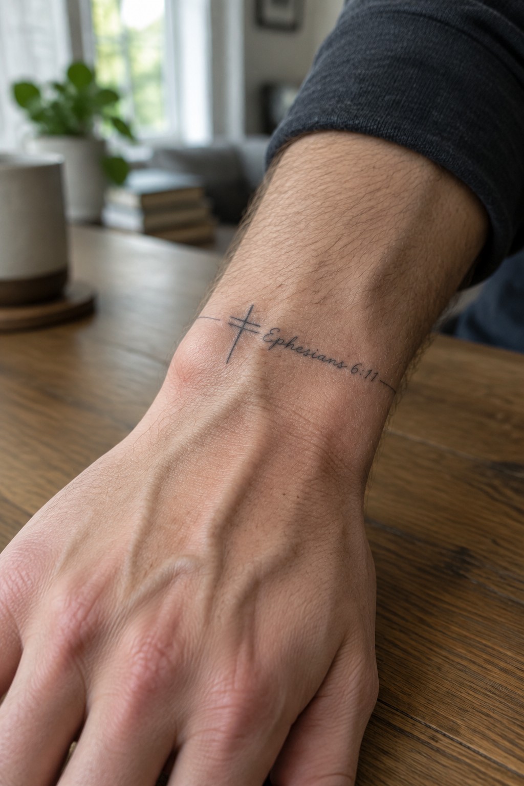 Arm with cross tattoo and Ephesians 6:11 on wooden table