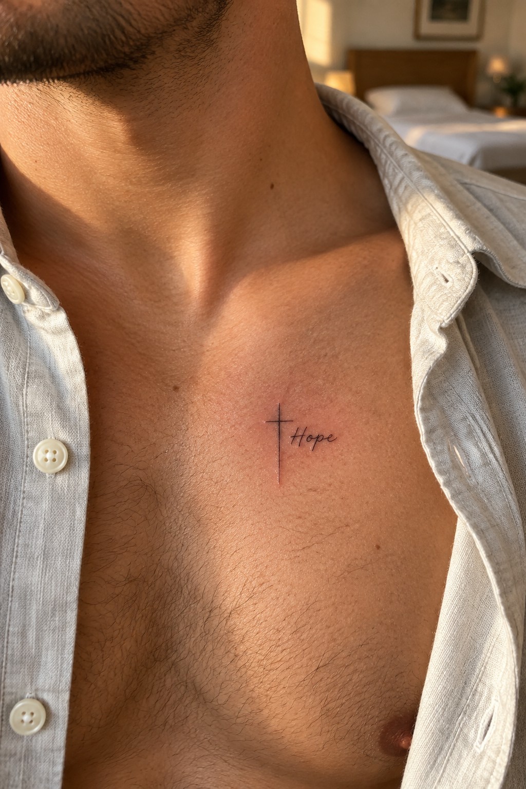 Man's chest with small cross and Hope tattoo, open light shirt in bedroom