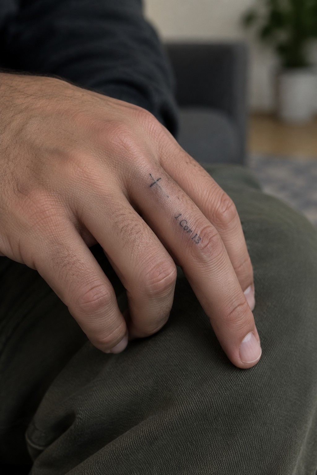 Close up of a hand with a small fine line cross and 1 Cor 13 text tattooed on the side of the finger.
