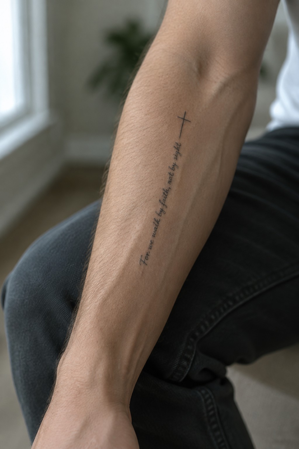 Hairy forearm with vertical tattoo reading