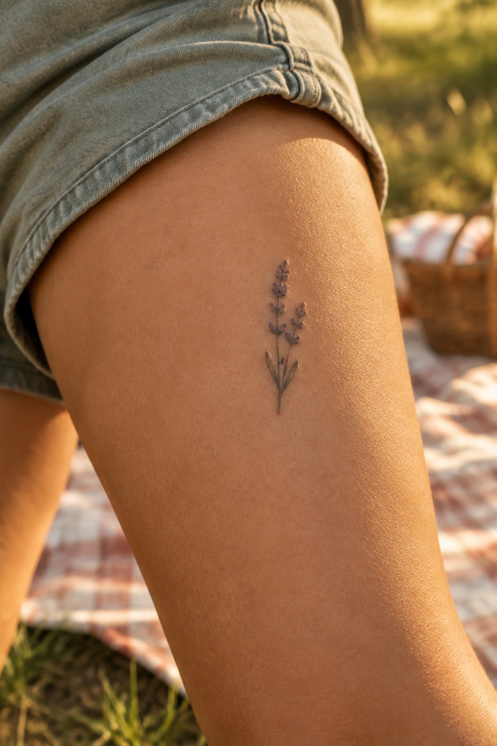 Thigh with delicate lavender tattoo below hem of light denim shorts on picnic blanket