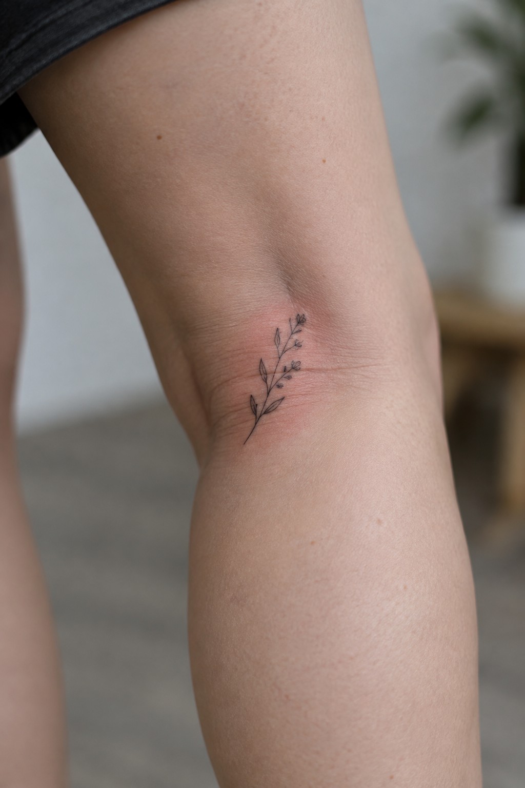 Minimalist black line tattoo of a plant on slightly red knee with dark shorts.