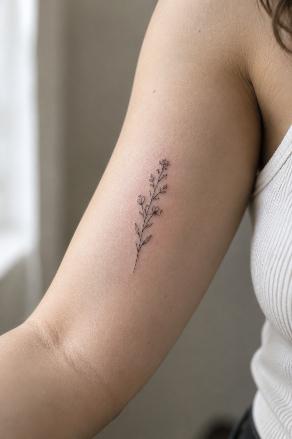 Delicate black line tattoo of flowering plant on upper arm with white tank top