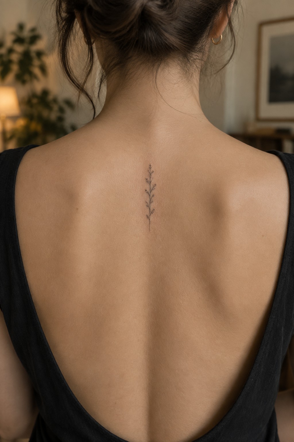 Woman's back in black open-back top with delicate botanical spine tattoo and dark updo hair