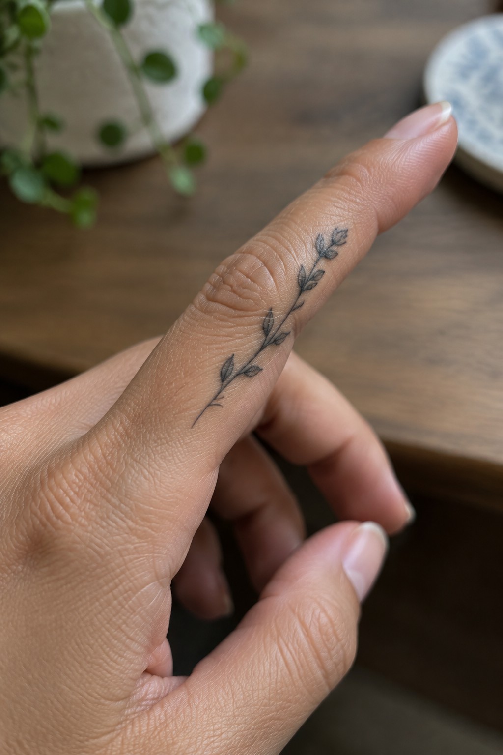Close-up of index finger with delicate black leafy vine tattoo on skin