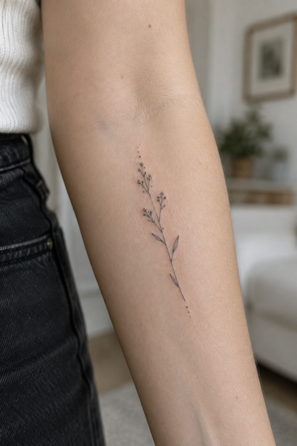 Delicate black line plant tattoo on forearm with white sweater and dark jeans