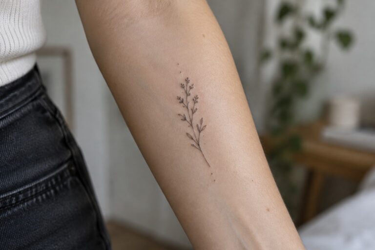 Delicate black line plant tattoo on forearm with white sweater and dark jeans