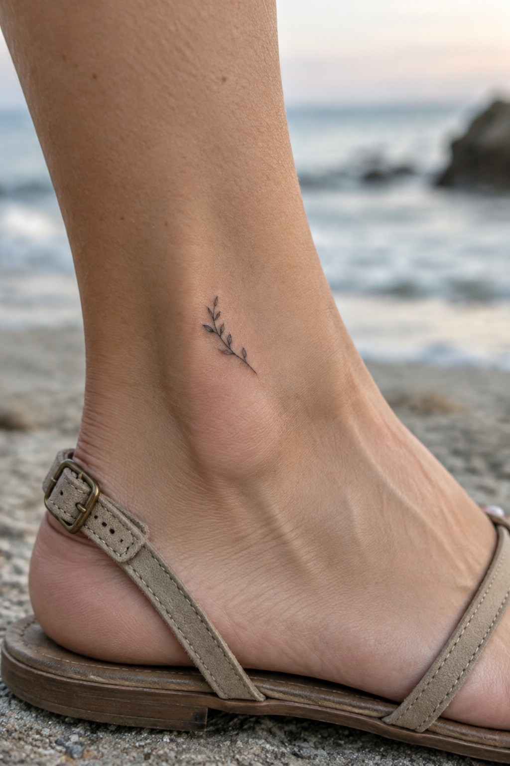 Small leafy branch tattoo on ankle above beige buckle sandal at beach