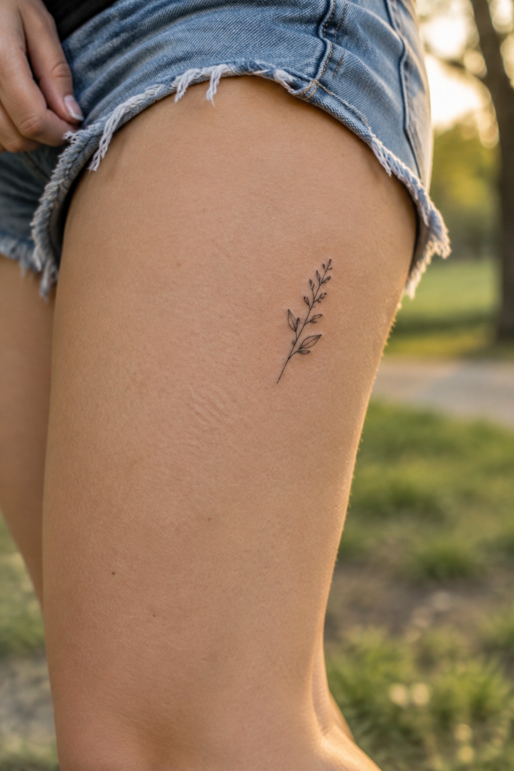 Small fine line botanical sprig tattoo on a woman's upper thigh below the edge of denim shorts.