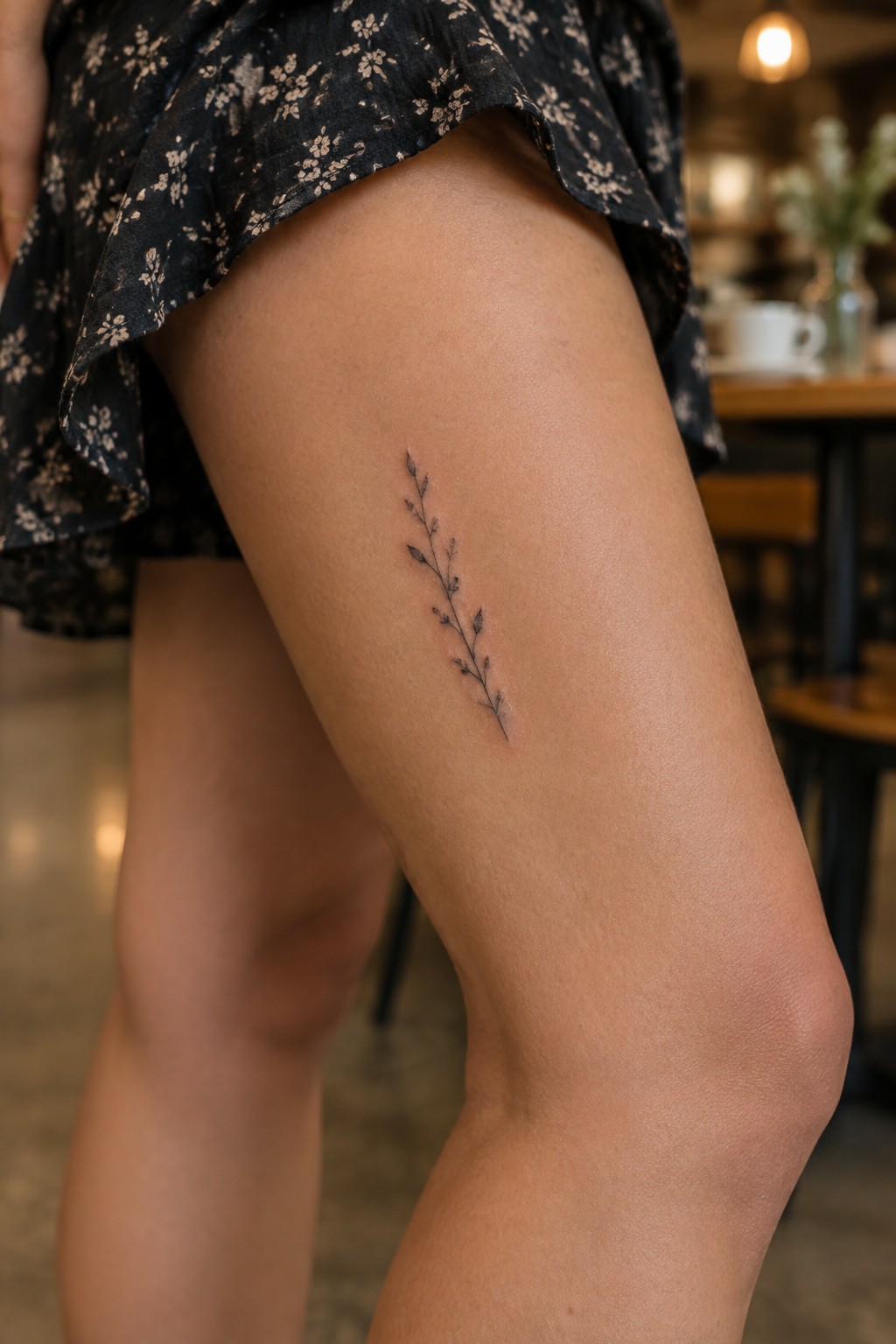 Small leafy branch tattoo on thigh under black floral dress in cafe