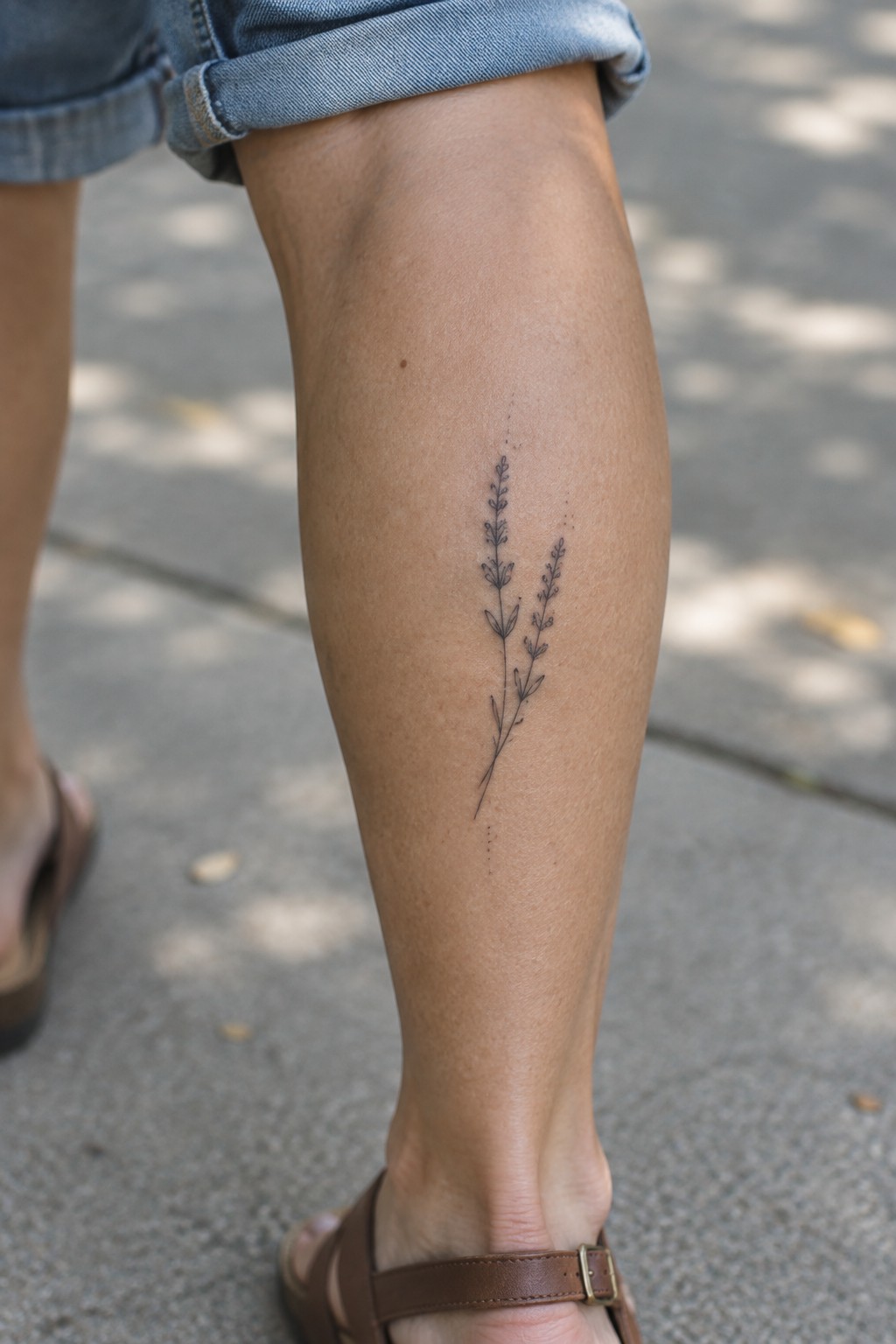 Fine-line tattoo of two lavender stems on shin below rolled denim shorts and sandal