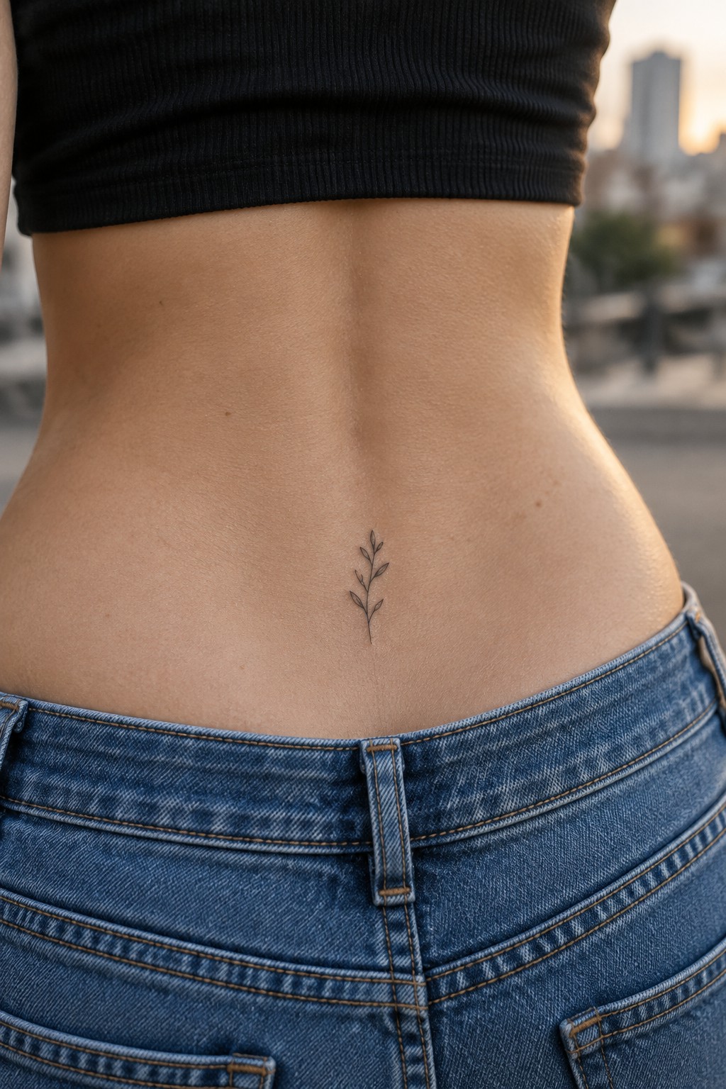 Minimalist fine line tattoo of a tiny botanical sprig centered on a woman's lower back just above the waistband of blue jeans