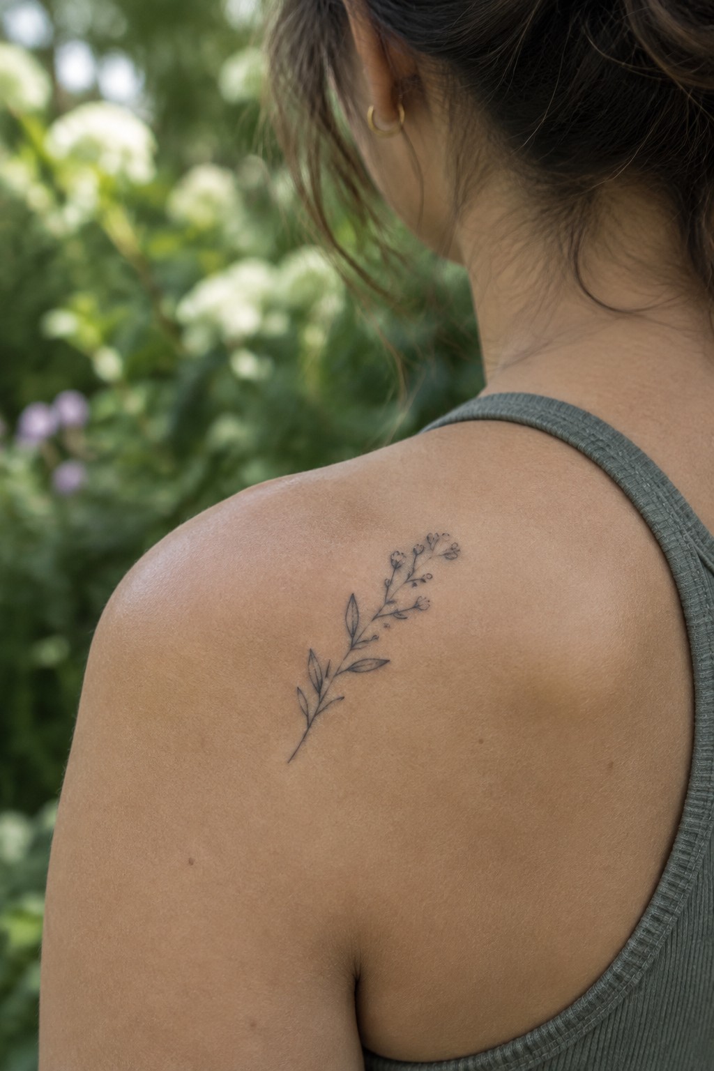 Woman's shoulder with delicate floral branch tattoo above gray tank top strap