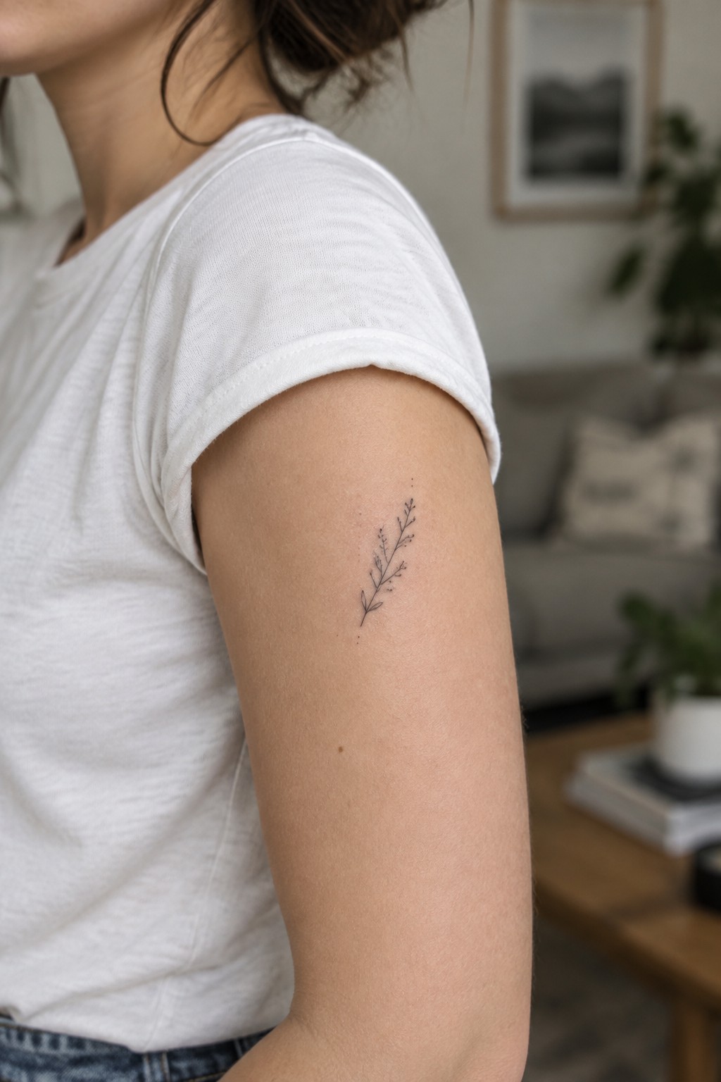 Close up of a small fine line botanical sprig tattoo on the upper arm of a person in a white t-shirt
