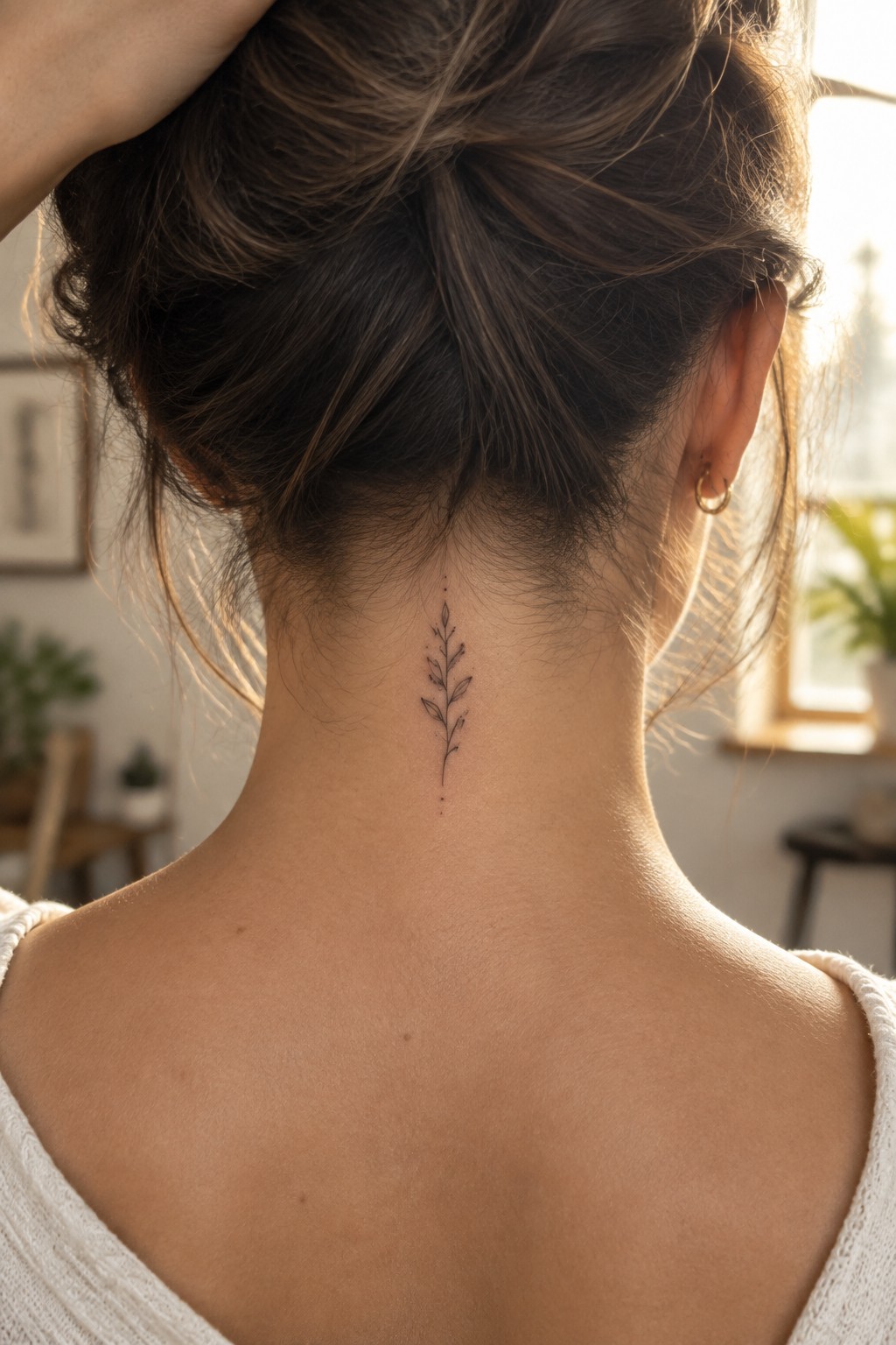 Woman's neck with delicate leaf tattoo, dark hair in bun, white top